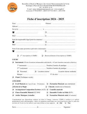 Ensembles et Ecole de Musique et des Arts de l’Intercommunalité du Val de Gartempe 2 Place du Vieux Marché 86500 MONTMORILLON  Tél. : 05.49.91.16.70 E-mail : emig.valdegartempe@gmail.com / www.emig86.fr Association N°W862000957 - SIRET 43977041300037 - APE 8559B Fiche d’inscription 2024 - 2025 Nom : ..........................................................           Prénom :  ...................................................... Adresse : ....................................................................................................................................... Né (e) le : ......................................................   à ..........................................................................  .....................................................                 .................................................................... Mail : ....................................................................@.....................................................................  Nom du responsable légal (pour les mineurs) : ............................................................................  .....................................................                 .................................................................... Mail : ....................................................................@.....................................................................  Nom d’une autre personne à prévenir si nécessaire : ..................................................................  ....................................................   .....................................................................   1ère inscription à l’EMIG  Renouvellement d’inscription à l’EMIG   COURS  Instrument (30 min formation instrumentale individuelle + 45 min formation musicale collective) 1er instrument : ........................................... Nombre d’années de pratique : …………… 2ème instrument :  ......................................... Nombre d’années de pratique : ……………  Personnel                    Location externe                    Location interne souhaitée Marque : ……………………………………        N° de série : ………………………….  Chant (Technique vocale)   ATELIERS  Eveil Musical (de 3 ans à 6 ans – 30 minutes)  Formation Musicale sans instrument  Ecole de la Magie     Chorale (Atelier de la Chanson)  Arrangement Composition Ecriture (ACE)   Comédie musicale  Classe Ensemble Musical (CL’EM)   Ensemble Cordes en Folie (ECF)  Atelier Musiques Actuelles    Formation Musicale seule (45 minutes) Conformément aux dispositions relatives au droit à l’image, j’autorise l’EMIG à réaliser et à utiliser gratuitement toutes photographies, vidéos ou captations numériques me concernant prises dans le cadre des activités de l’école et à les utiliser sous toutes formes et tous supports      Oui     Non  Fait à ………………………………, le ………………………………….       Signature