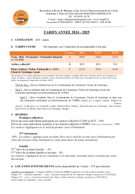 Ensembles et Ecole de Musique et des Arts de l’Intercommunalité du Val de Gartempe 2 Place du Vieux Marché 86500 MONTMORILLON  Tél. : 05.49.91.16.70 E-mail : emig.valdegartempe@gmail.com / www.emig86.fr Association N°W862000957 - SIRET 43977041300037 - APE 8559B TARIFS ANNEE 2024 - 2025 1- COTISATION 20 € / année  2- TARIFS COURS  Par trimestre, sur 3 trimestres de mi-septembre à fin juin Classe Base Tarif 1 Tarif 2  Vents - Bois - Percussion + Formation Musicale (+/- CL’EM) A 160 € 144 € 122 € Ateliers collectifs* B 99 € 89 € 76 € Piano, Guitare, Violon, Violoncelle (+/- ECF) Chant & Technique vocale C 211 € 191 € 163 € *Eveil musical, Formation Musicale sans instrument, Ecole de la Magie, Comédie Musicale, Chorales Atelier de la Chanson et Chœur d’enfants,, Atelier Musiques Actuelles, Classe Ensemble Musical (CL'EM) seule, Ensemble Cordes en Folie (ECF) seul, Atelier Arrangement-Composition-Ecriture (ACE)  - Tarif de base : élèves résidants hors de la Communauté de Communes Vienne & Gartempe - Tarif 1 : élèves résidants dans la Communauté de Communes Vienne & Gartempe et hors des communes participant au fonctionnement de l’EMIG - Tarif 2 : élèves résidants dans la Communauté de Communes Vienne & Gartempe et dans une des communes participant au fonctionnement de l’EMIG (Angles sur L’Anglin, Antigny, Brigueil Le Chantre,  Journet, La Bussière, La Trimouille, Liglet, Montmorillon, Nalliers, Saint-Germain sur Gartempe, Saint Léomer, Saint-Pierre de Maillé, Saint-Savin sur Gartempe, Saulgé) 3- REMISES - Pratiques collectives Elèves de cours individuels participant aux ateliers collectifs CL'EM ou ECF : -10% Elèves de cours individuels membres d’un orchestre adhérent à l'EMIG (UMM et Lyre Trimouillaise) : -10% Les remises s'appliquent sur le tarif du premier cours d'instrument  - 2ème instrument -30% La remise s’applique pour un même élève sur le tarif du second cours d'instrument par ordre décroissant (2ème instrument ou 2ème demi-heure du même instrument)  - Famille 2ème élève de la même famille :  -5% 3ème élève de la même famille et suivants : -8% Les remises s’appliquent sur les cotisations et le deuxième, troisième tarif et suivants par ordre décroissant  4- LOCATION D’INSTRUMENTS (selon disponibilité de l’école) : 35 € par trimestre Conditions de règlement : 2 chèques établis à l'ordre de l'EMIG et déposés à l’école avant le premier cours. Chèque n°1 : cotisation annuelle + cours + location éventuelle du 1er trimestre (chèque encaissé au 15/10/2024). Chèque n°2 :  cours + location éventuelle des 2ème et 3ème trimestres (chèque encaissé au 15/01/2025). Autres modes de règlement : nous consulter
